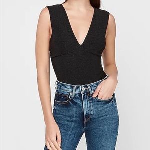 Express Black Sparkly Deep V-Neck Bodysuit with Bow